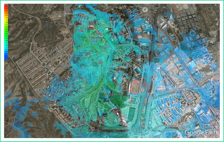 5G coverage heat map of the two deployed sites over a satellite view of the Espinardo campus and its surroundings