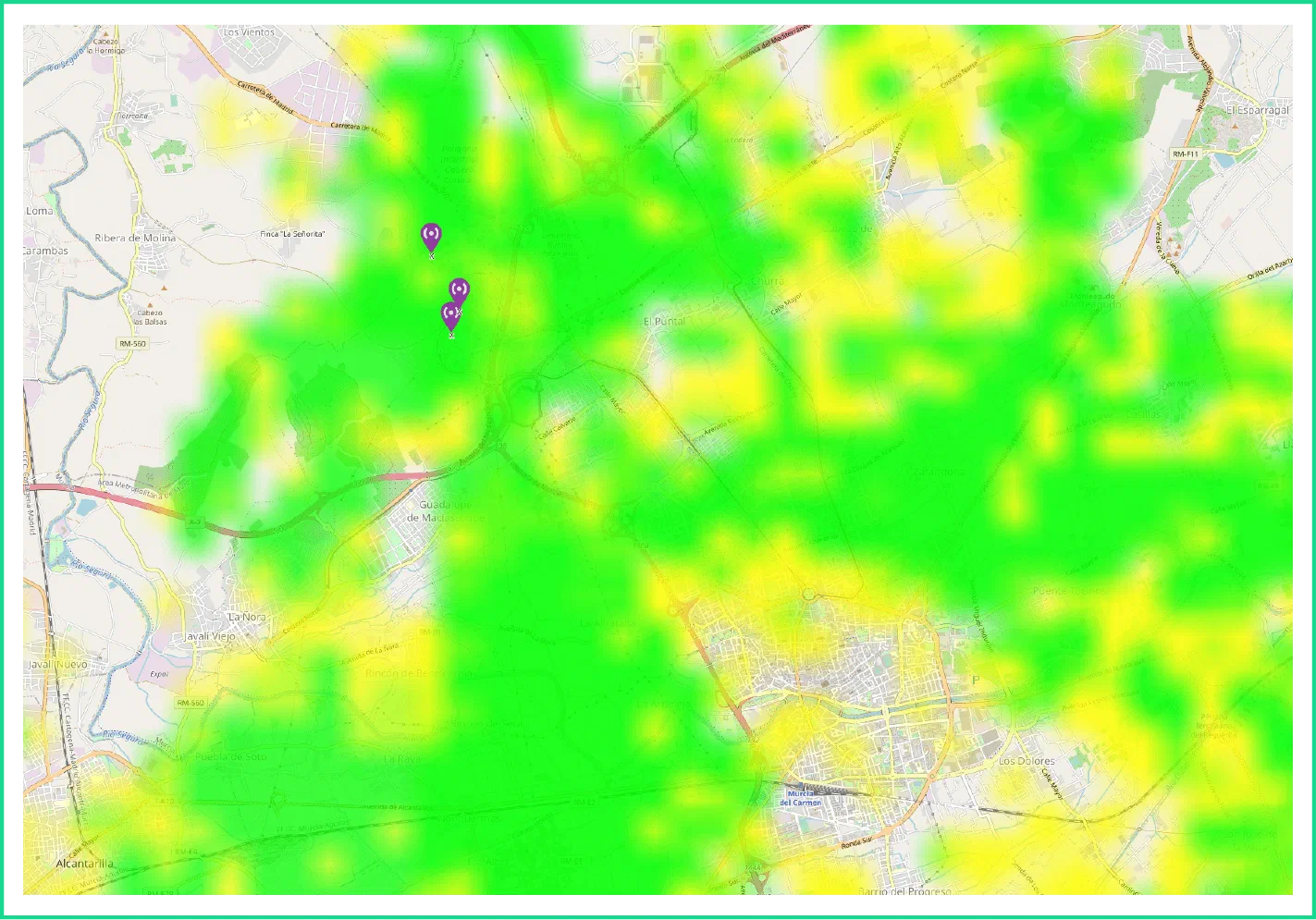 Simulated LoRaWAN coverage of the three gateways over a map of Murcia and its surroundings